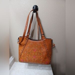 Embroidered Floral Tan Shoulder Bag with Stud Accents